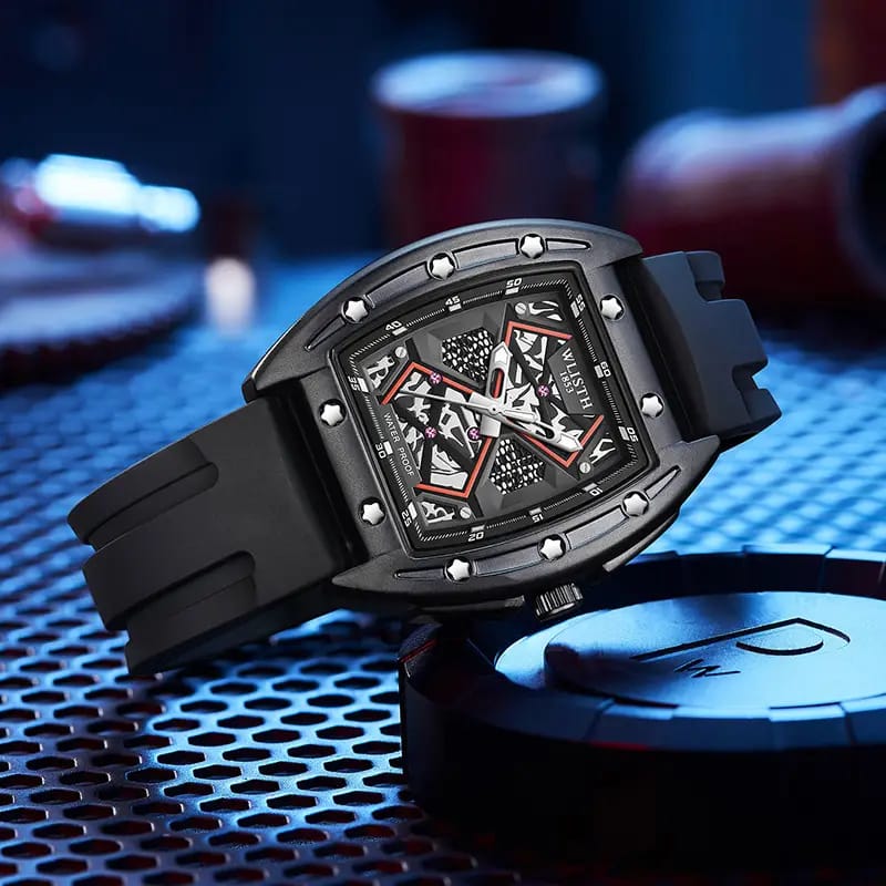 Luxury RM-Style Skeleton Tonneau Watch for Men – Sport Rubber Strap Edition watch
